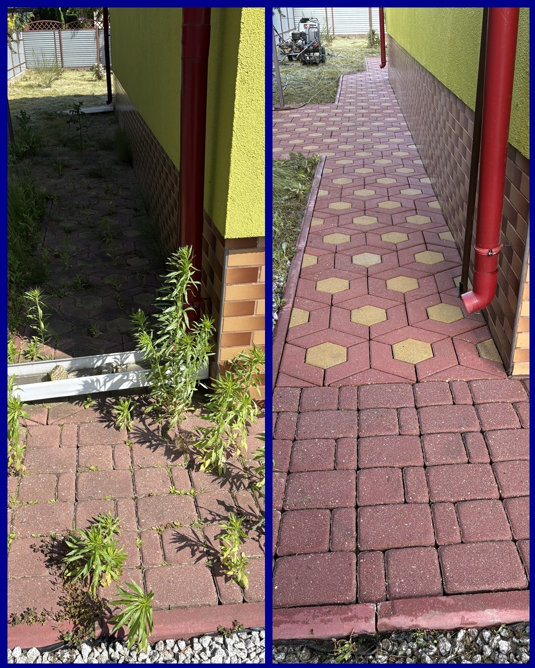 Porównanie kostki brukowej przed i po czyszczeniu. Po lewej zaniedbana, porośnięta roślinami, po prawej czysta, z widocznym wzorem i kolorem. Widoczny budynek i rynna.