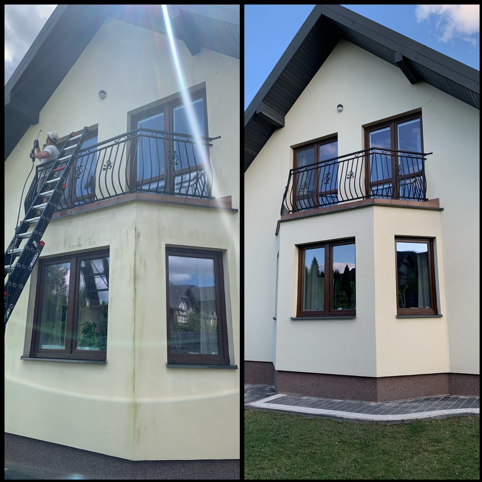 Elewacja domu przed i po czyszczeniu. Po lewej stronie widoczne zabrudzenia, po prawej czysta, odświeżona ściana. Pracownik na drabinie w trakcie mycia.