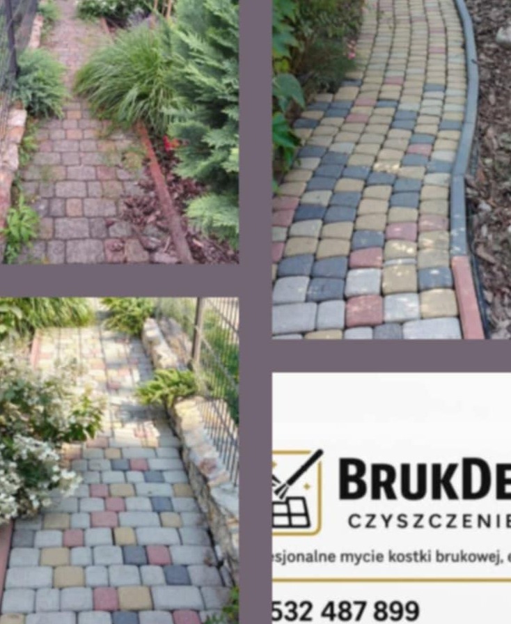 Kolorowa kostka brukowa na ścieżce w ogrodzie, widok z góry. Fragment logotypu firmy czyszczącej kostkę. Ujęcie z bliska prezentuje detale.