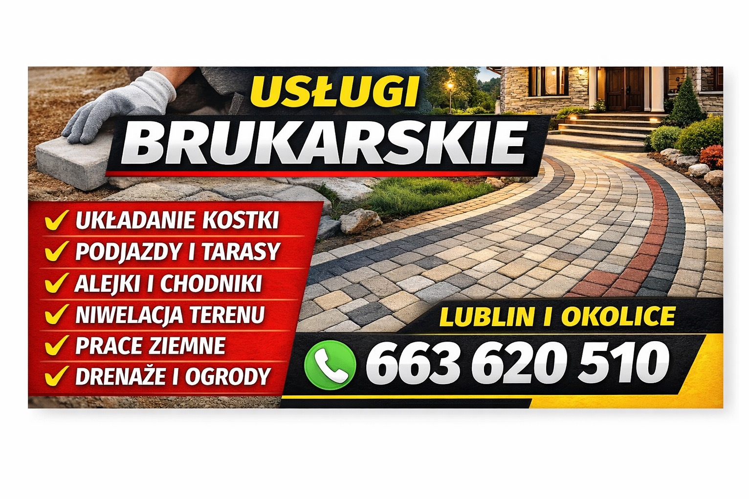 Kolorowa kostka brukowa tworząca ścieżkę do domu, z elementami graficznymi i numerem telefonu. Usługi brukarskie w Lublinie i okolicy. Podjazdy, alejki, niwelacja terenu.