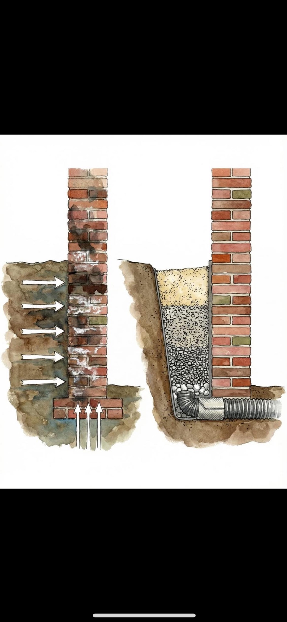 Ilustracja drenażu fundamentów budynku z cegły, ukazująca przepływ wody i warstwy filtracyjne. Schemat prezentuje izolację i odprowadzanie wilgoci od murów.