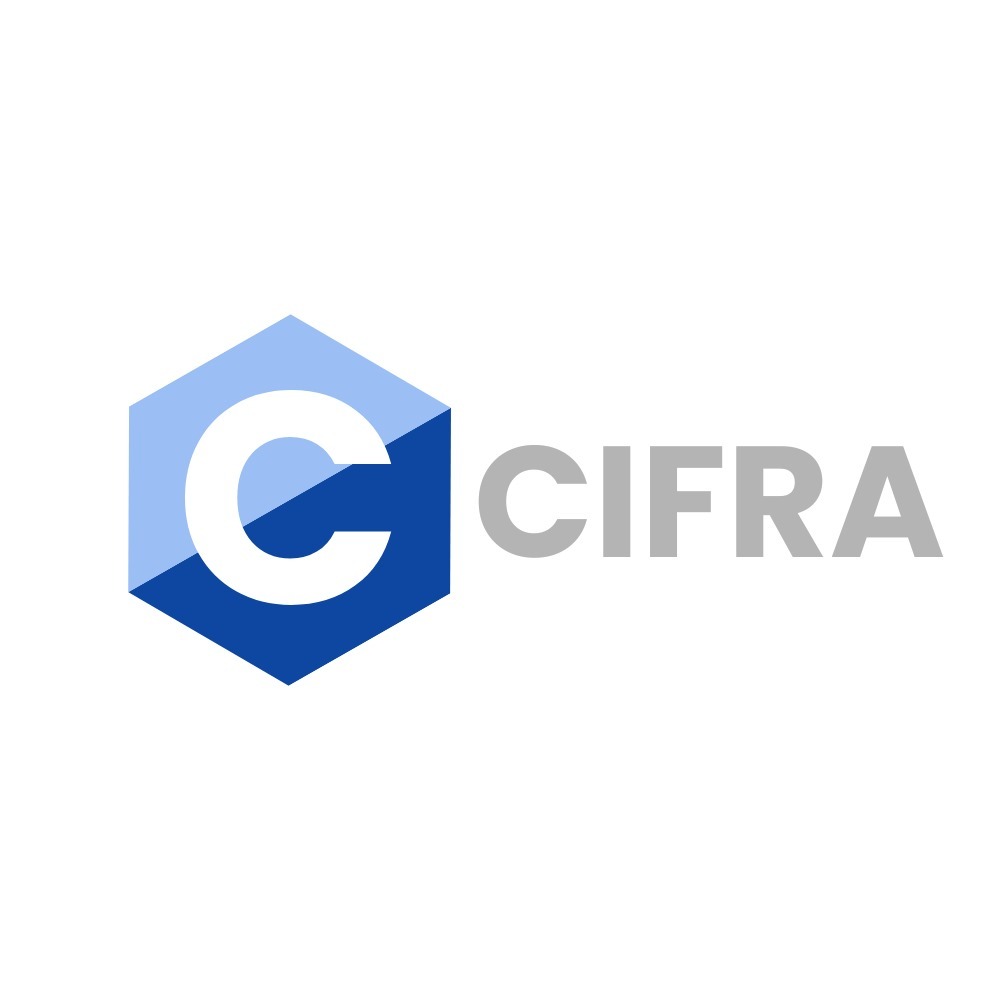 Logo firmy 'CIFRA' z niebieskim heksagonem i literą C. Szary napis 'CIFRA' po prawej stronie. Minimalistyczny design na białym tle.