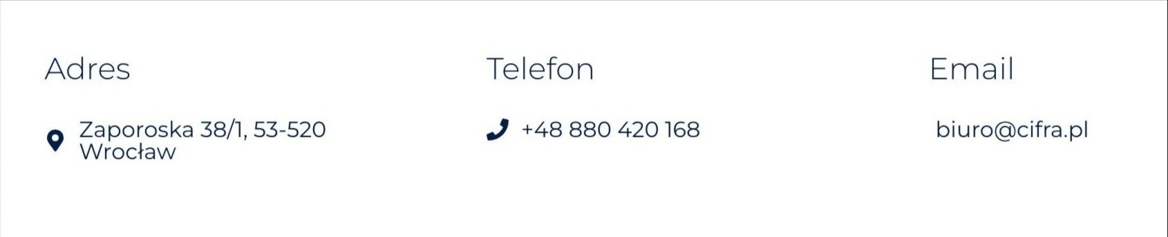 Dane kontaktowe: adres biura (Zaporoska 38/1, Wrocław), numer telefonu (+48 880 420 168) i adres e-mail (biuro@cifra.pl) na białym tle.