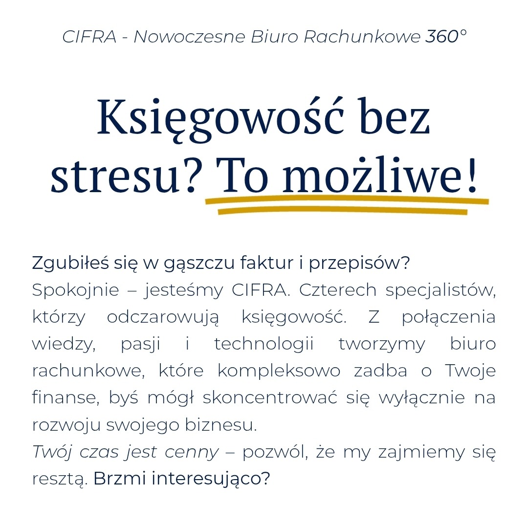 Grafika reklamowa biura rachunkowego CIFRA z hasłem 'Księgowość bez stresu? To możliwe!' i opisem oferty. Minimalistyczny design, niebieskie napisy na białym tle.