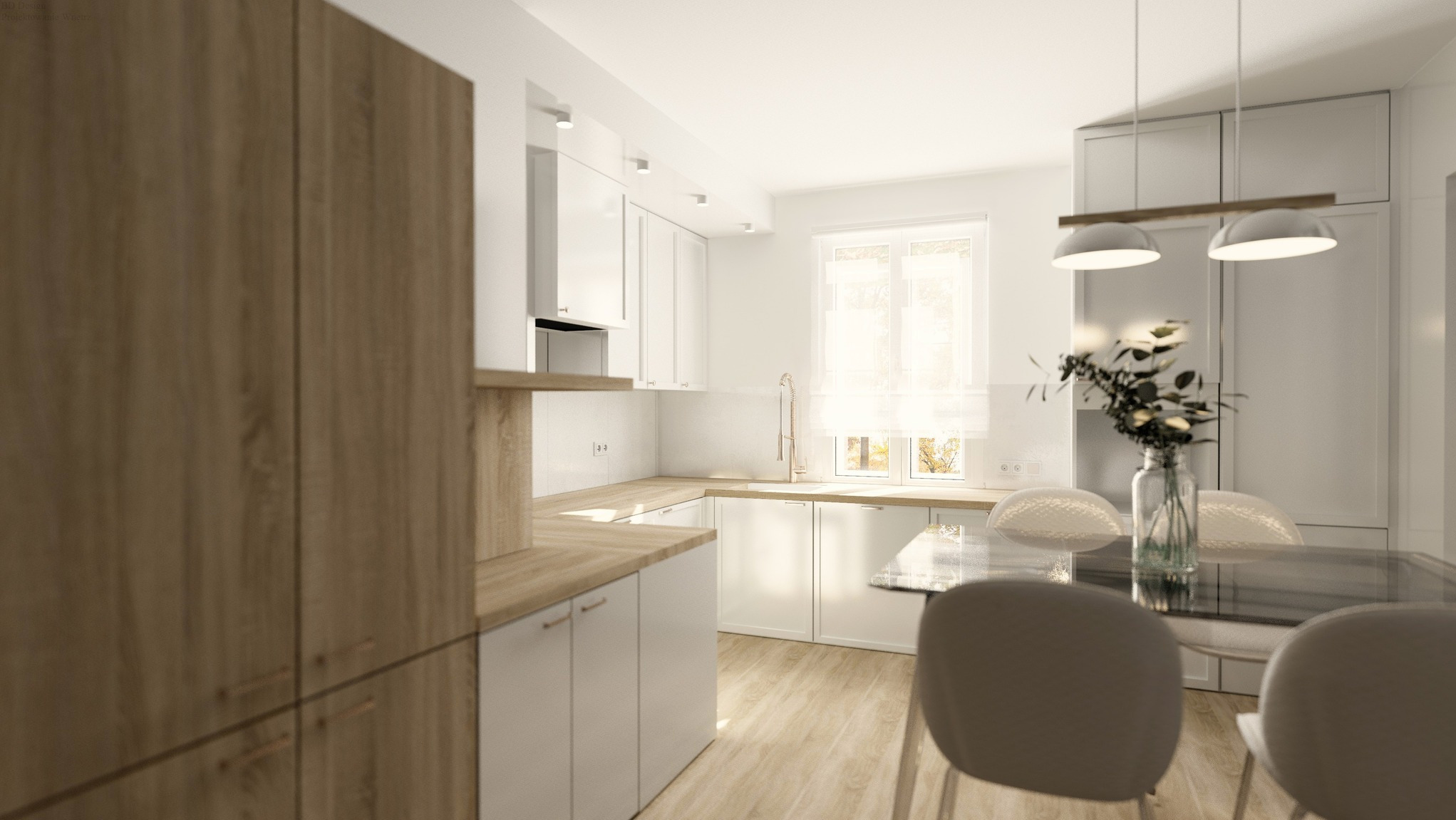 Jasna kuchnia z drewnianymi akcentami: zabudowa kuchenna w bieli i drewnie, stół z kwiatami, okno z widokiem na zieleń. Nowoczesny design.