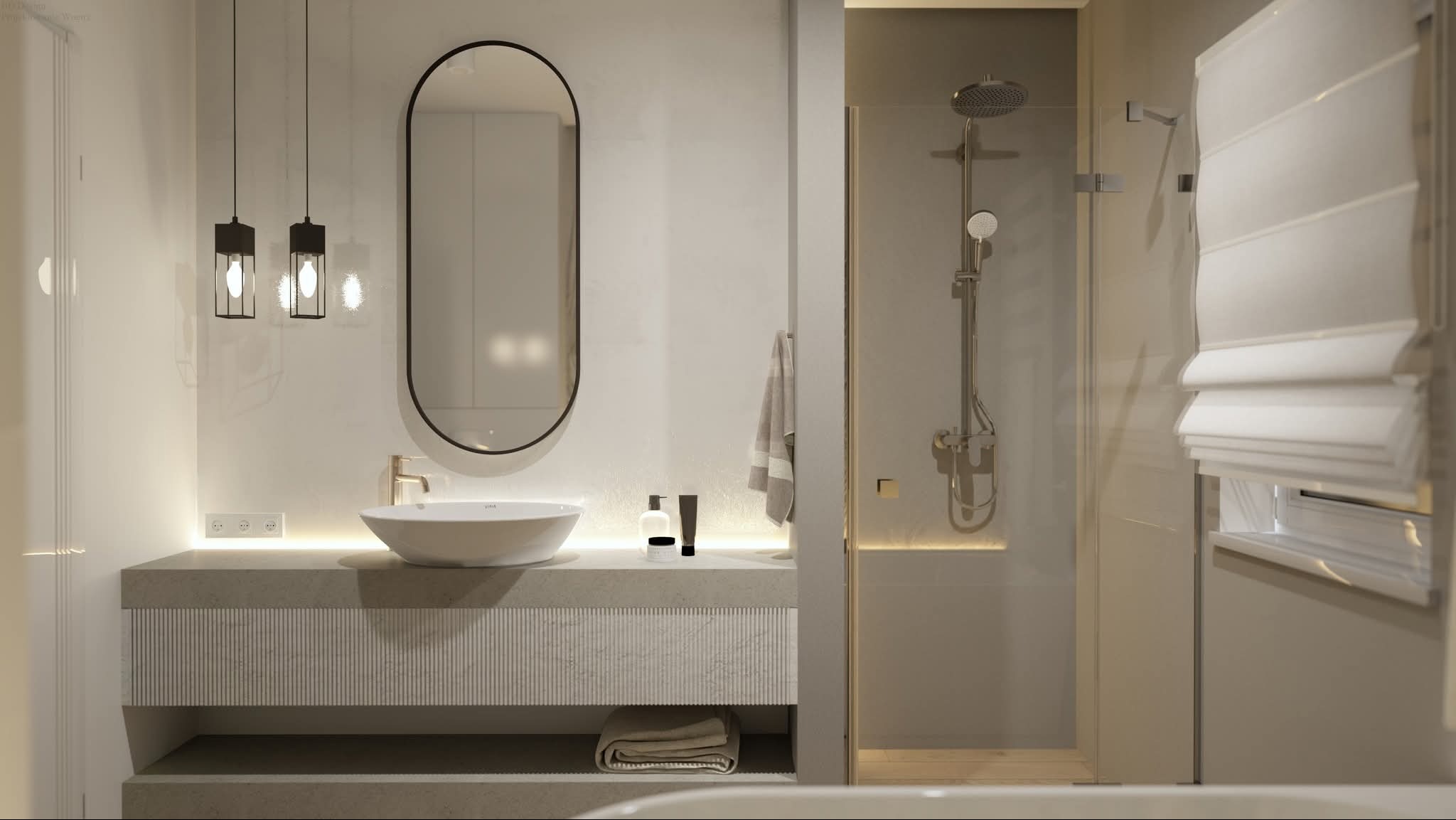 Nowoczesna łazienka w odcieniach beżu z owalnym lustrem, wiszącymi lampami i kabiną prysznicową ze szklanymi drzwiami. Minimalistyczny design i stonowana kolorystyka.