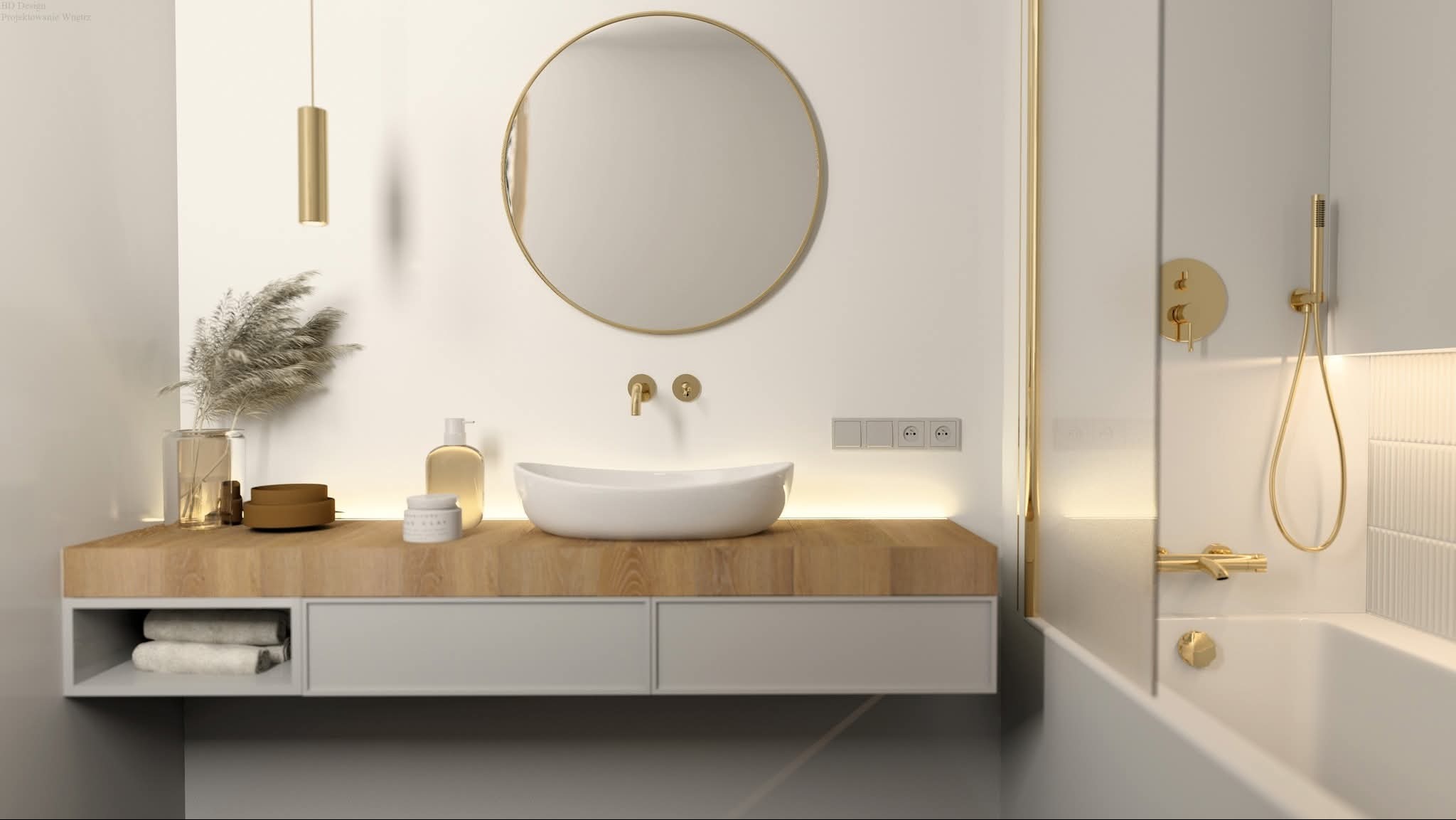 Minimalistyczna łazienka w bieli i drewnie: okrągłe lustro, umywalka nablatowa, złote detale armatury i oświetlenia LED. Nowoczesny design.