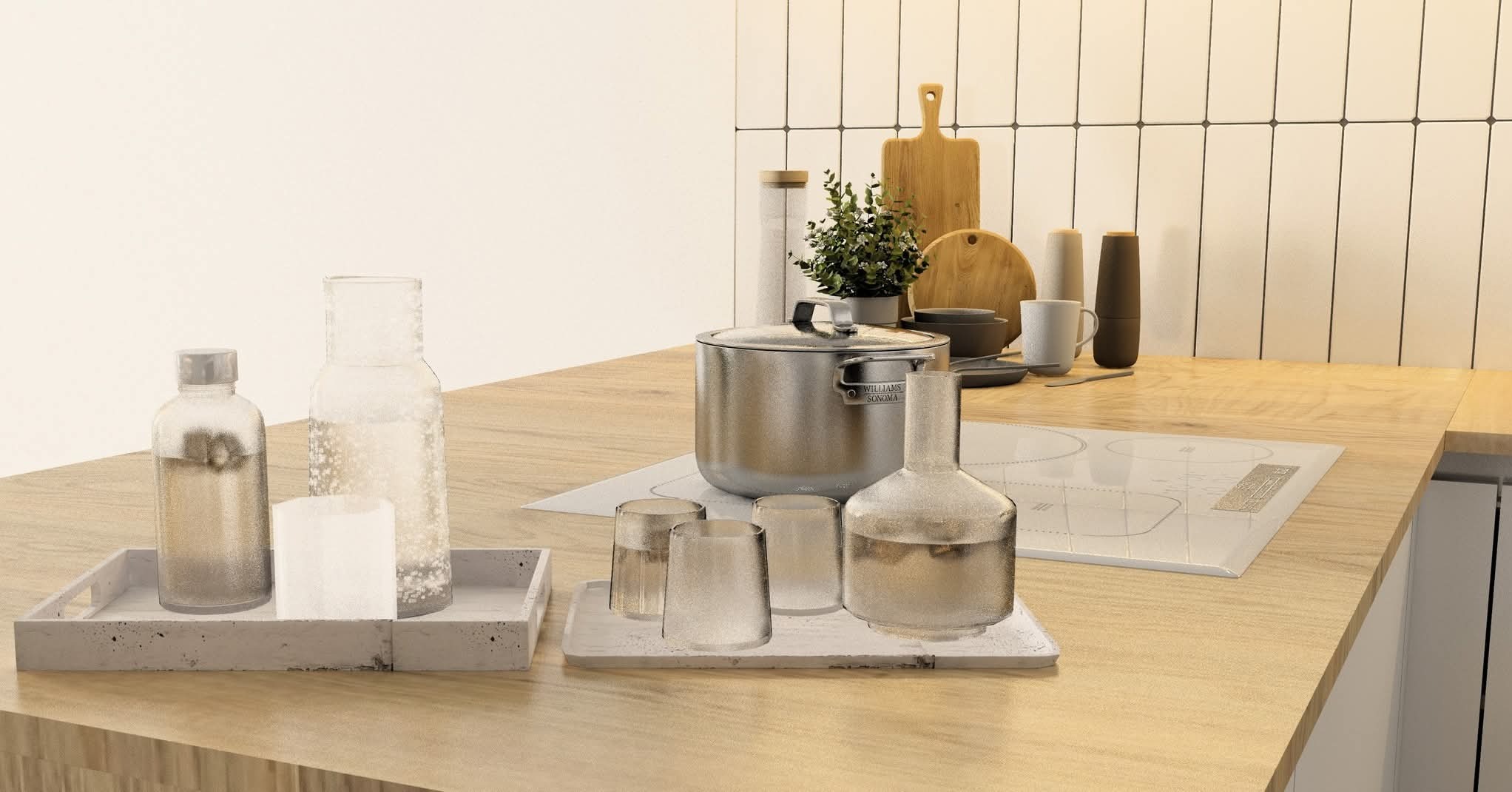 Minimalistyczna aranżacja blatu kuchennego z drewnianym wykończeniem, naczyniami i dekoracyjnymi butelkami na tle białych płytek w pionowym układzie.