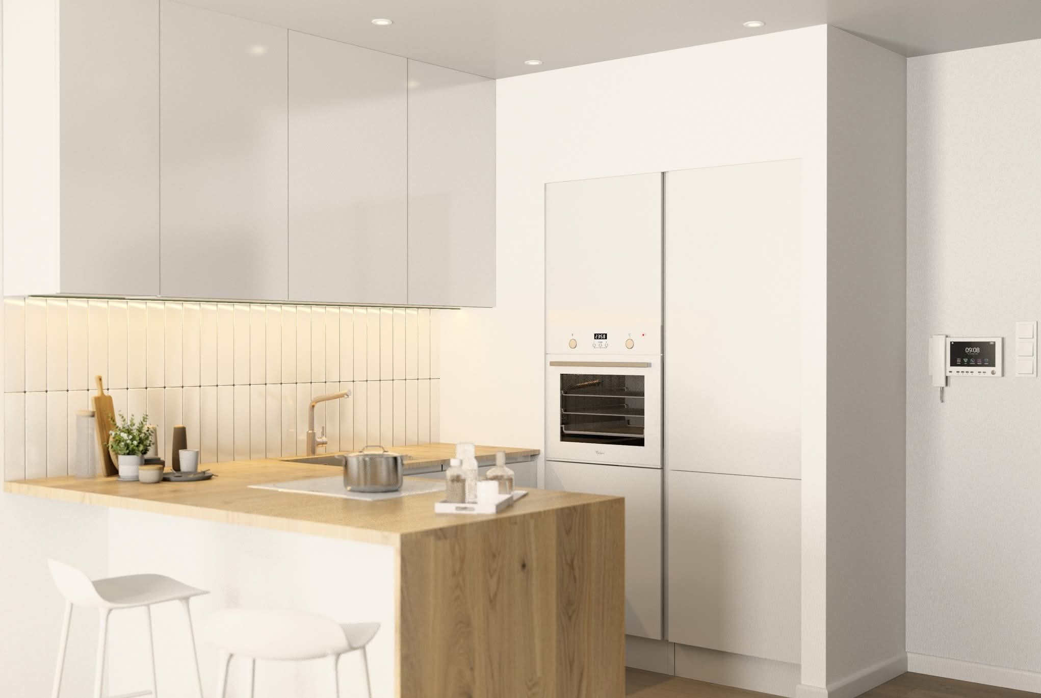 Jasna kuchnia w minimalistycznym stylu: białe szafki, drewniany blat, płytki nad blatem, nowoczesny piekarnik i panel sterowania na ścianie. Dwa białe krzesła barowe.