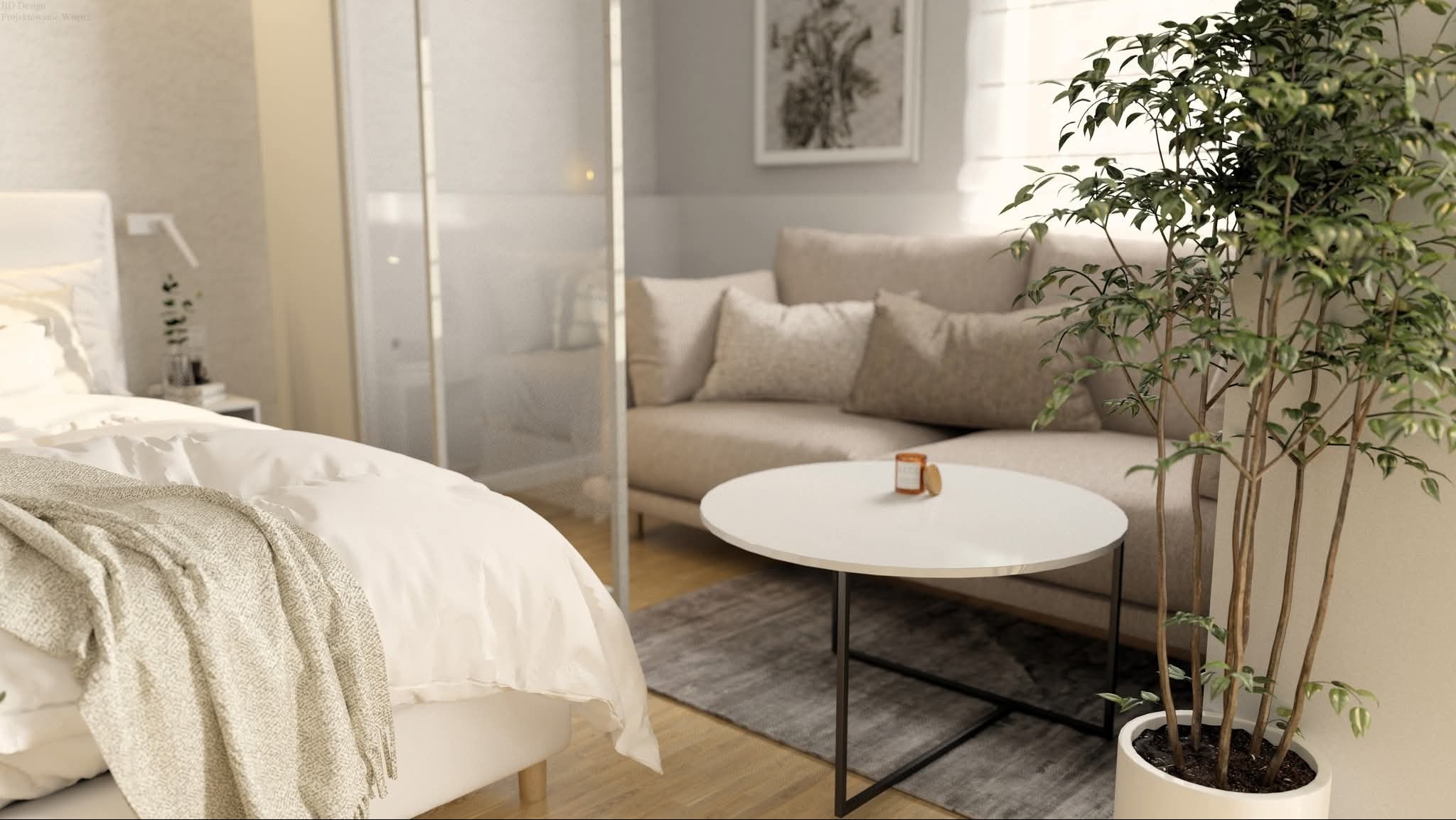 Jasna sypialnia z beżową sofą, okrągłym stolikiem i rośliną doniczkową. Minimalistyczny wystrój, naturalne światło. Widok na łóżko z miękką narzutą.