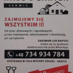 Ulotka reklamowa firmy Haus & Garten Serwis, oferującej usługi domowe i ogrodowe, malowanie, renowacje i sprzątanie. Kontakt telefoniczny i przez WhatsApp. 20% rabatu z ulotką.