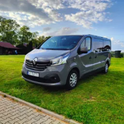 Szary Renault Trafic na zielonej trawie, błękitne niebo z chmurami w tle. Tablica rejestracyjna 'G1 TUTTI'.