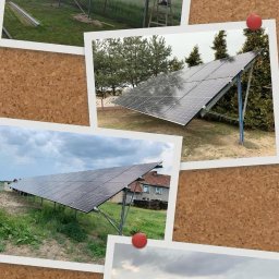 Spokój W Zasięgu Ręki Bartłomiej Olejniczak - Instalacja fotowoltaiczna na gruncie, widok z różnych perspektyw, zdjęcia przypięte do korkowej tablicy, montażysta na drabinie podczas pracy.