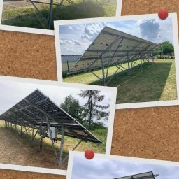 Spokój W Zasięgu Ręki Bartłomiej Olejniczak - Kolaż zdjęć z instalacji fotowoltaicznej na metalowych stelażach, widok od spodu, różne ujęcia i lokalizacje. Tablica korkowa z przypiętymi zdjęciami.