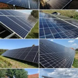 Kompozycja z kilku ujęć instalacji fotowoltaicznych w różnych lokalizacjach i warunkach oświetleniowych, prezentująca panele na dachach i gruncie.