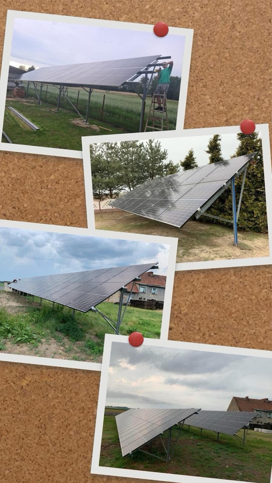 Instalacja fotowoltaiczna na gruncie, widok z różnych perspektyw, zdjęcia przypięte do korkowej tablicy, montażysta na drabinie podczas pracy.