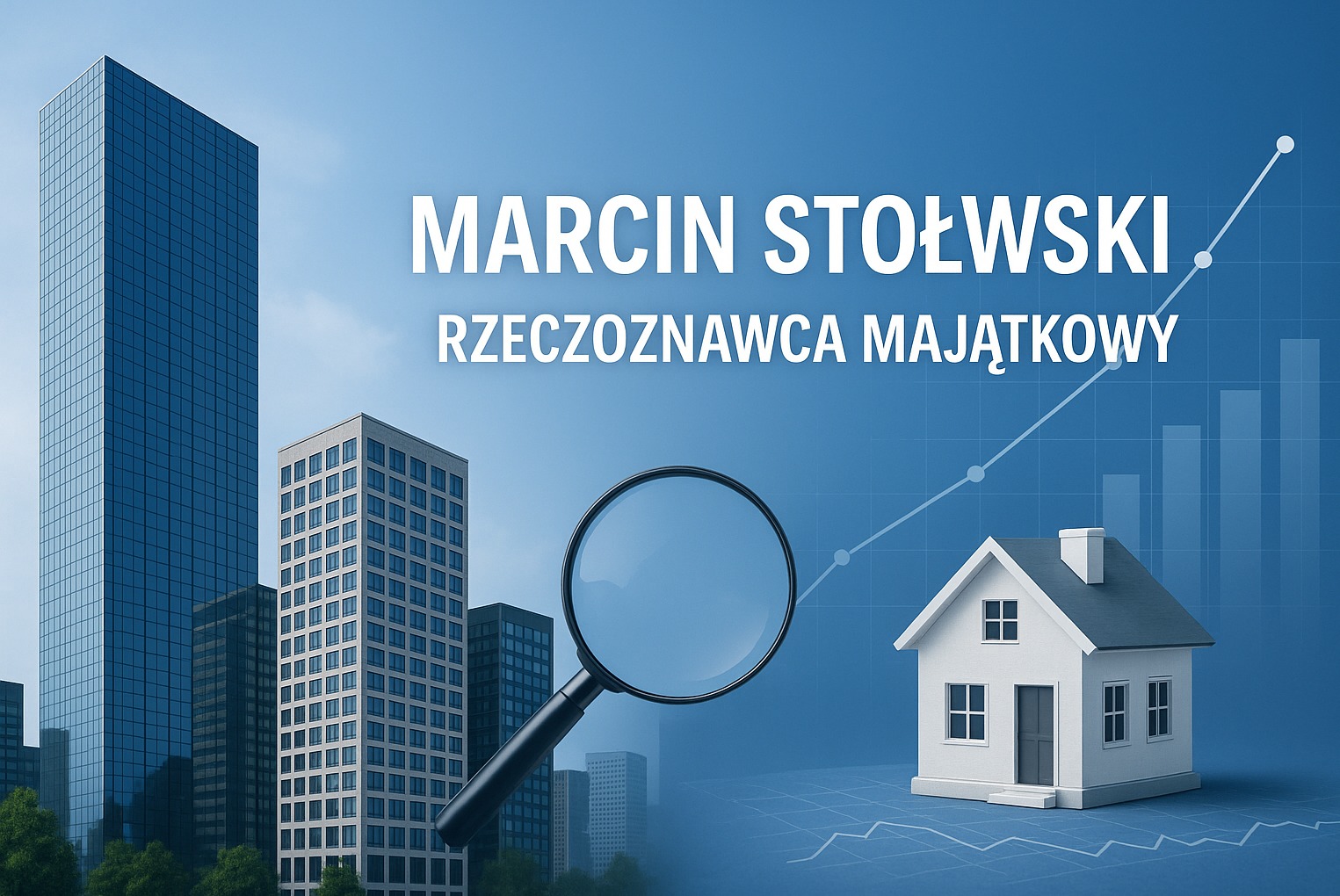 Grafika: budynki, lupa, model domu i wykres wzrostu na niebieskim tle. Marcin Stołowski, rzeczoznawca majątkowy.