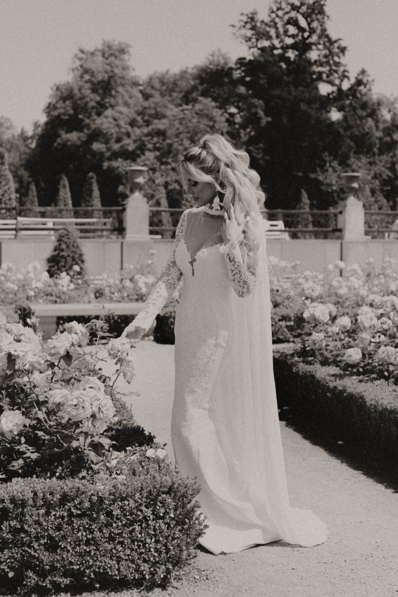 Czarno-białe zdjęcie kobiety w koronkowej sukni, spacerującej wśród róż w ogrodzie, w słoneczny dzień. Długie włosy i zwiewny materiał sukni dodają elegancji.
