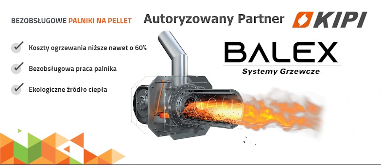 Palnik na pellet Balex z płomieniem, logo Kipi, hasła o oszczędności i ekologii. Ilustracja bezobsługowej pracy i niskich kosztów ogrzewania. Autoryzowany partner.