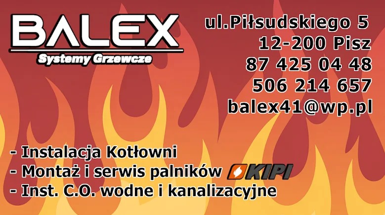 Grafika reklamowa Balex Systemy Grzewcze z adresem, numerami telefonów i ofertą: instalacja kotłowni, montaż i serwis palników, instalacje C.O. wodne i kanalizacyjne.