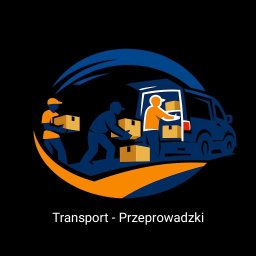 AL-TRANS - Grafika: Stylizowany transport. Trzy postacie wnoszą kartony do busa. Kolorystyka: granat, pomarańcz. Tekst: Transport - Przeprowadzki. Ciemne tło.