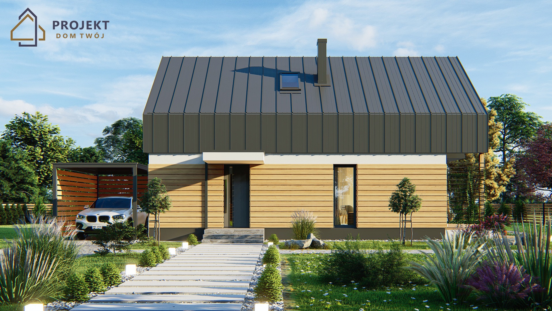 Wizualizacja domu jednorodzinnego z drewnianą elewacją i szarym dachem, z wiatą garażową i samochodem. Oświetlony chodnik prowadzi do wejścia.