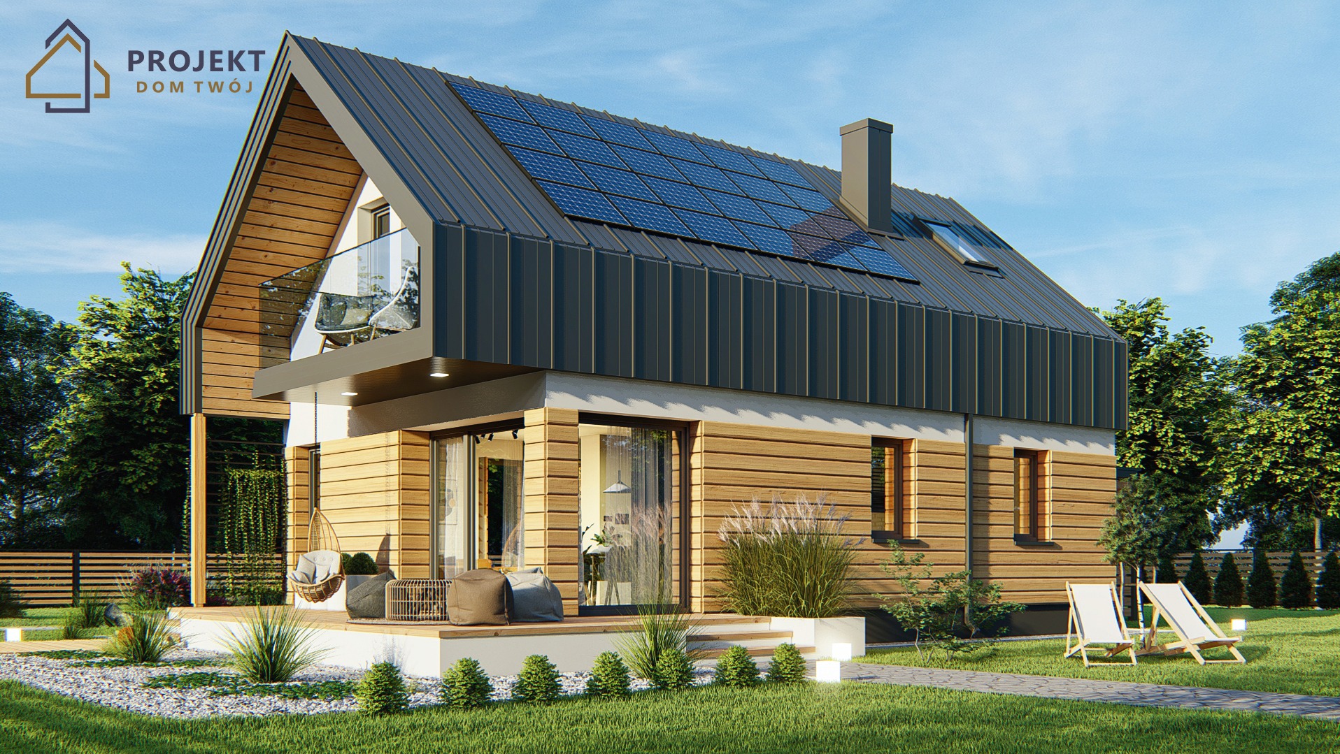 Wizualizacja domu z panelami słonecznymi, drewnianą elewacją i balkonem z szklaną balustradą. Na tarasie hamak i leżaki. Otoczenie: trawnik i drzewa.