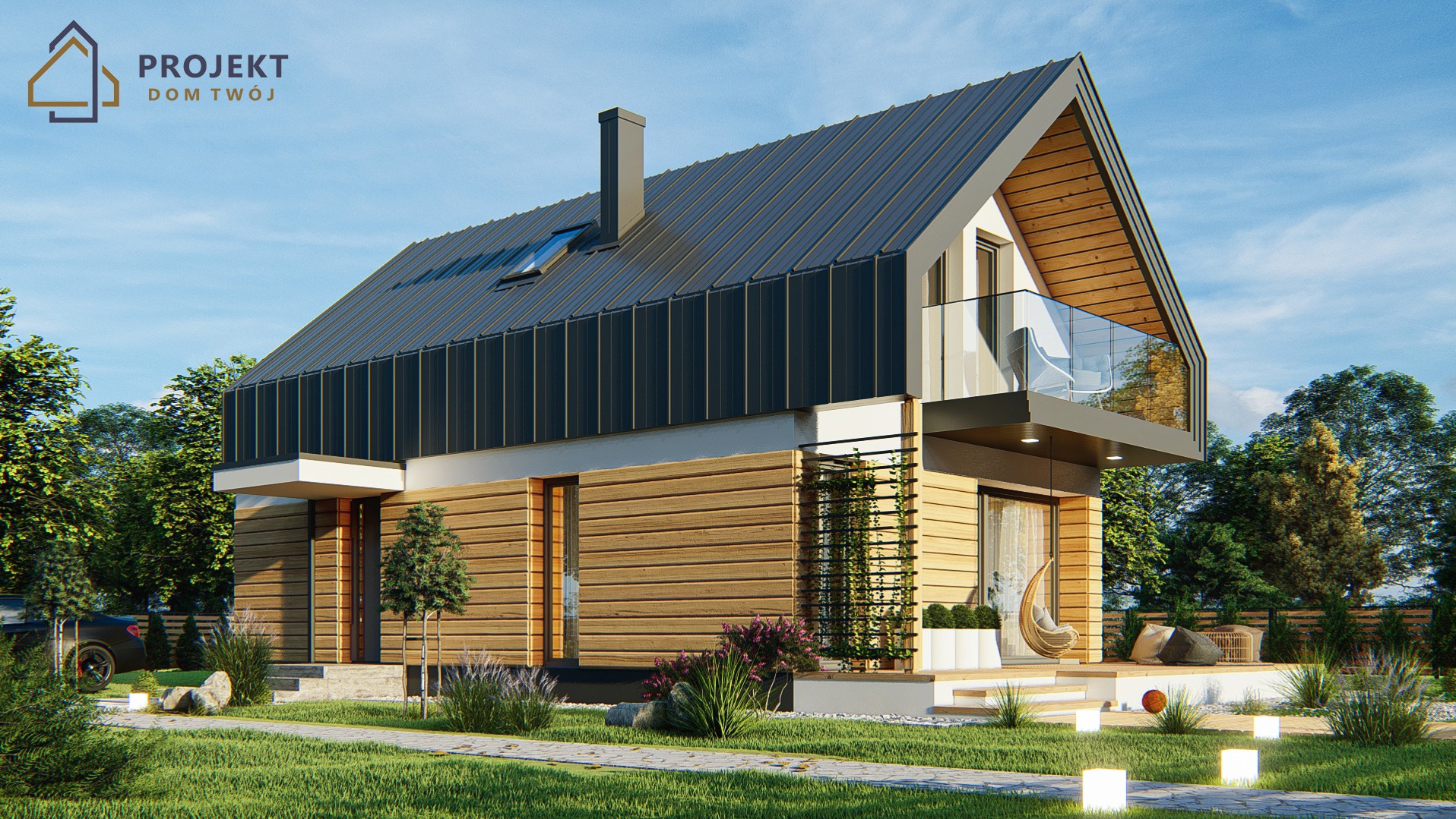 Wizualizacja domu jednorodzinnego z ciemnym dachem, drewnianą elewacją i balkonem. Widok z ogrodu, oświetlenie zewnętrzne.