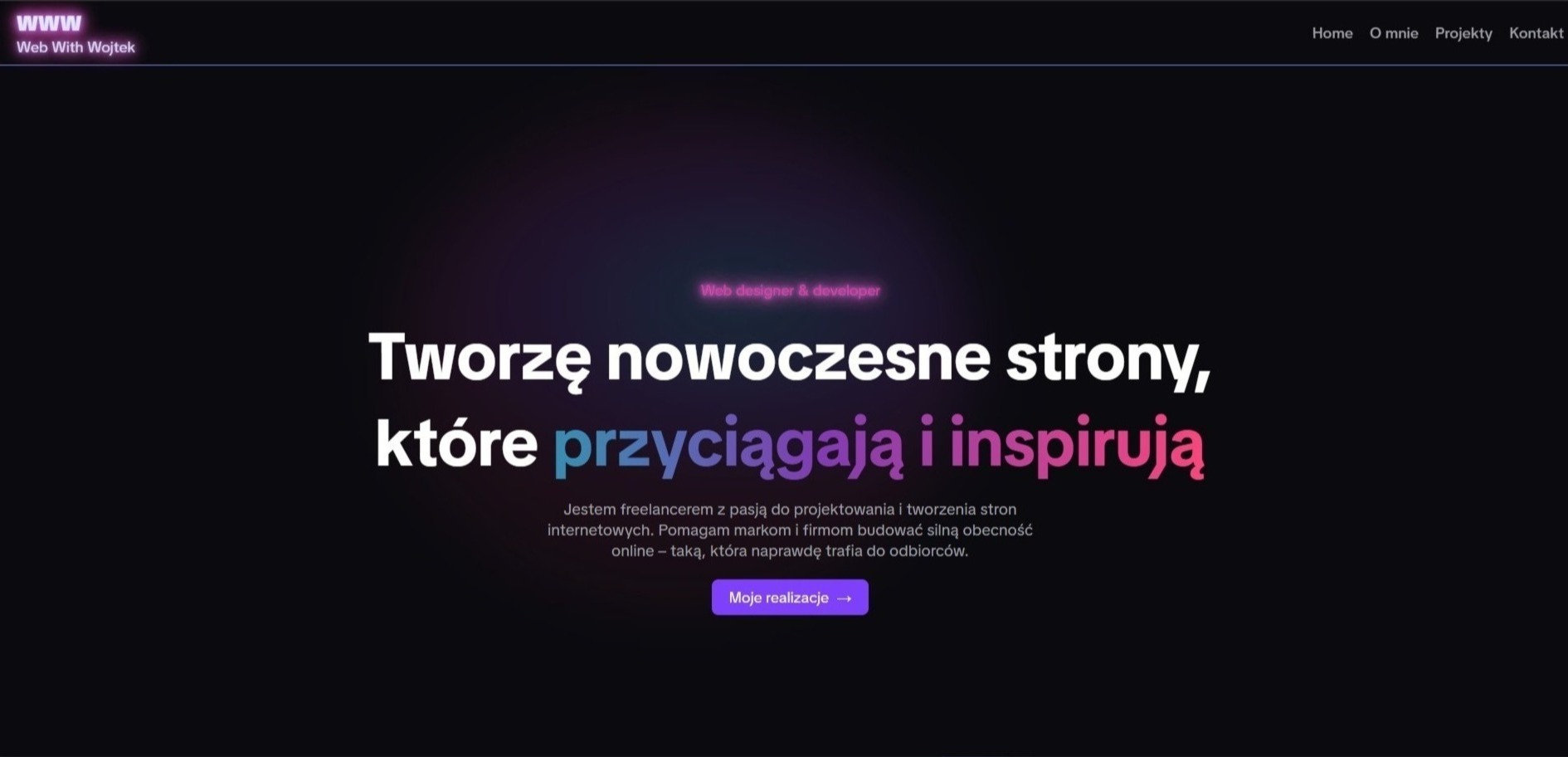 Strona portfolio web developera z gradientowym tłem i napisem: Tworzę nowoczesne strony, które przyciągają i inspirują. Widoczne menu nawigacyjne.