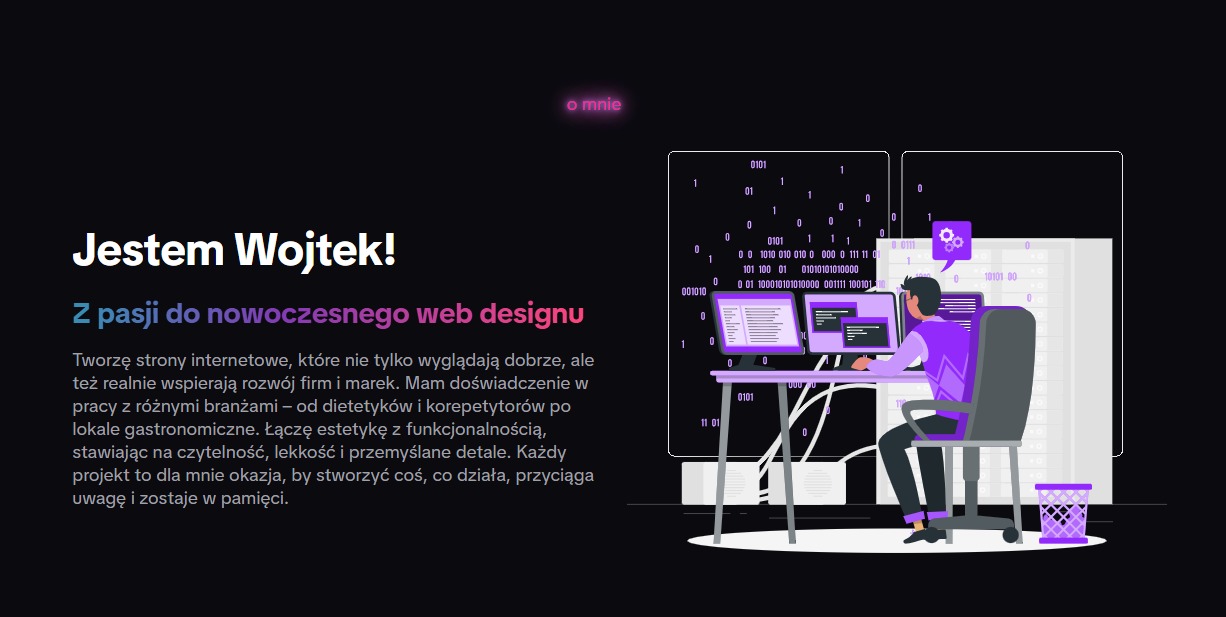 Ilustracja web developera Wojtka, pracującego nad stroną. Monitory z kodem, ikona ustawień, kosz na śmieci. Fioletowo-czarna kolorystyka, nowoczesny design.