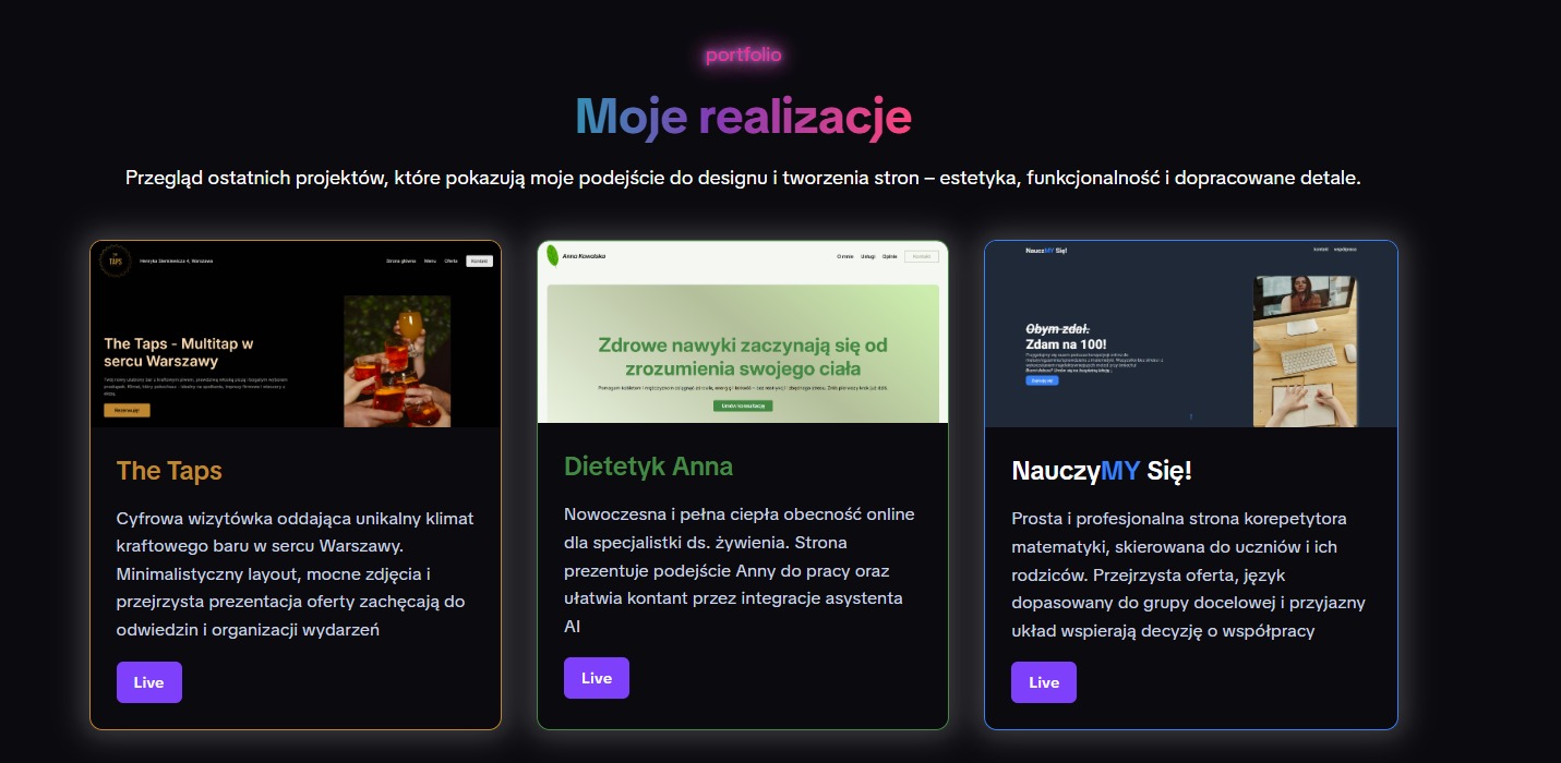 Portfolio trzech unikalnych stron internetowych z nagłówkiem 'Moje realizacje'. Każda strona prezentuje inny styl i branżę, od baru po dietetyka i korepetytora.