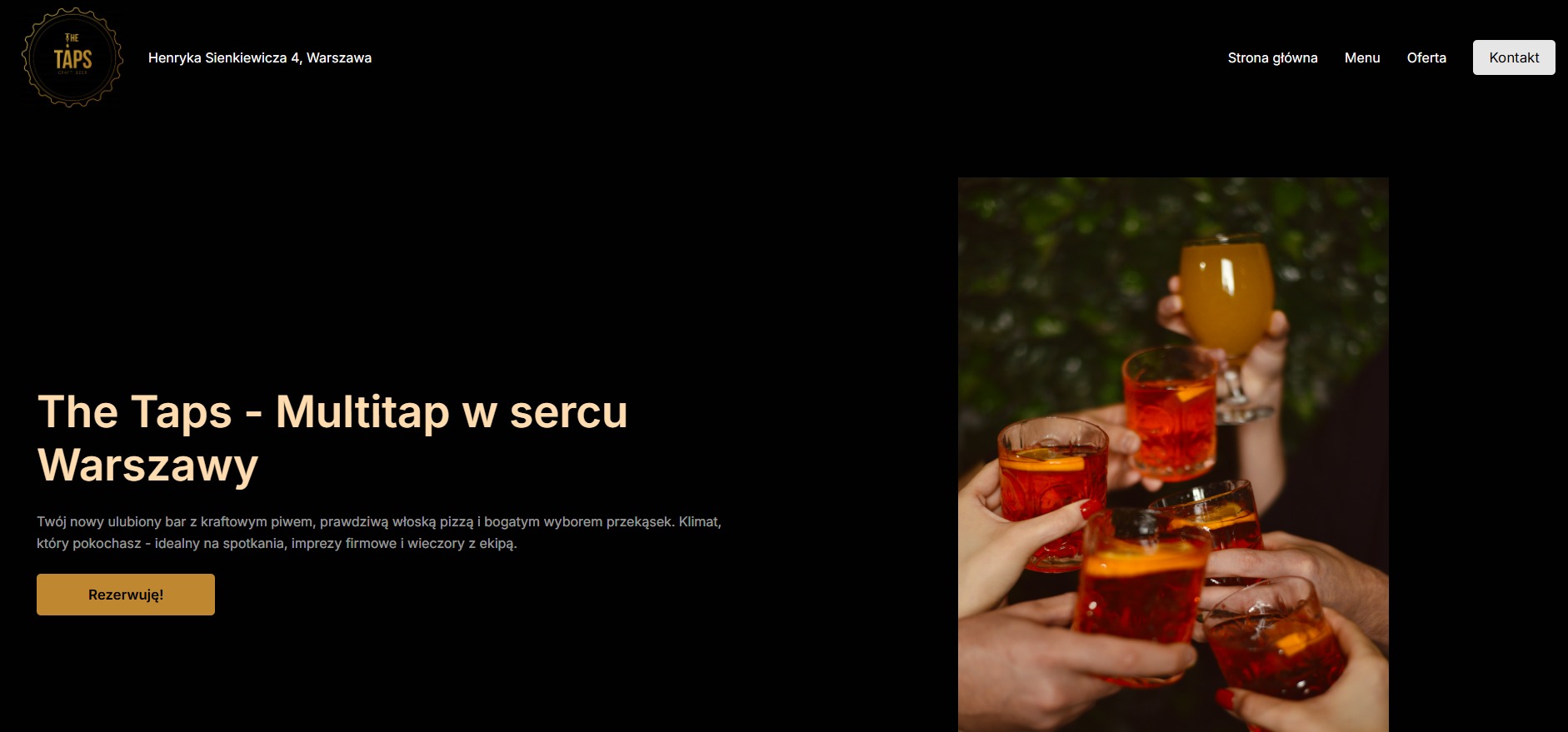 Strona wizytówka dla baru w Warszawie, oddaje klimat, przedstawia ofertę i pozwala skontaktować się w sprawie rezerwacji