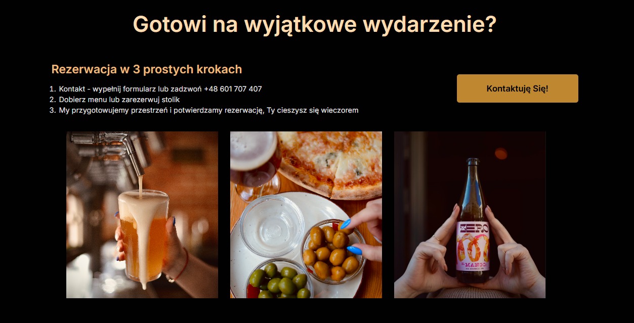 Strona internetowa lokalu gastronomicznego: nalewane piwo, pizza i oliwki, butelka piwa. Informacja o rezerwacji w 3 krokach i przycisk 'Kontaktuję się!'.