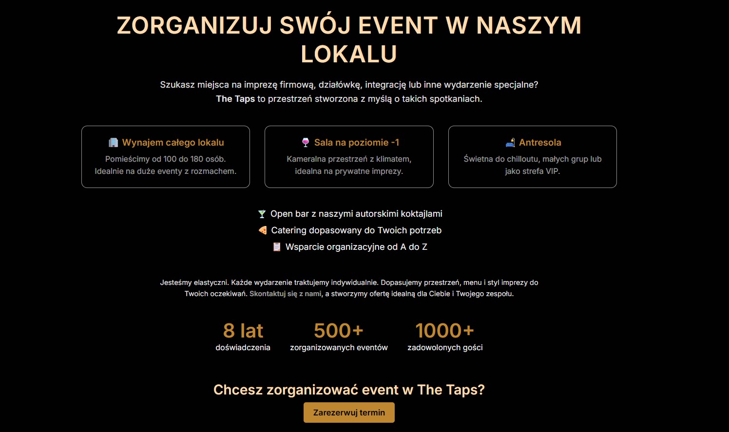 Grafika reklamowa lokalu eventowego The Taps: wynajem, sala, antresola, open bar, catering, wsparcie. 8 lat doświadczenia, 500+ eventów, 1000+ gości.