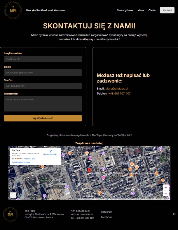 Strona kontaktowa z formularzem zapytania i mapą dojazdu na czarnym tle z elementami w kolorze złotym, w tym logo The Taps w lewym górnym rogu.