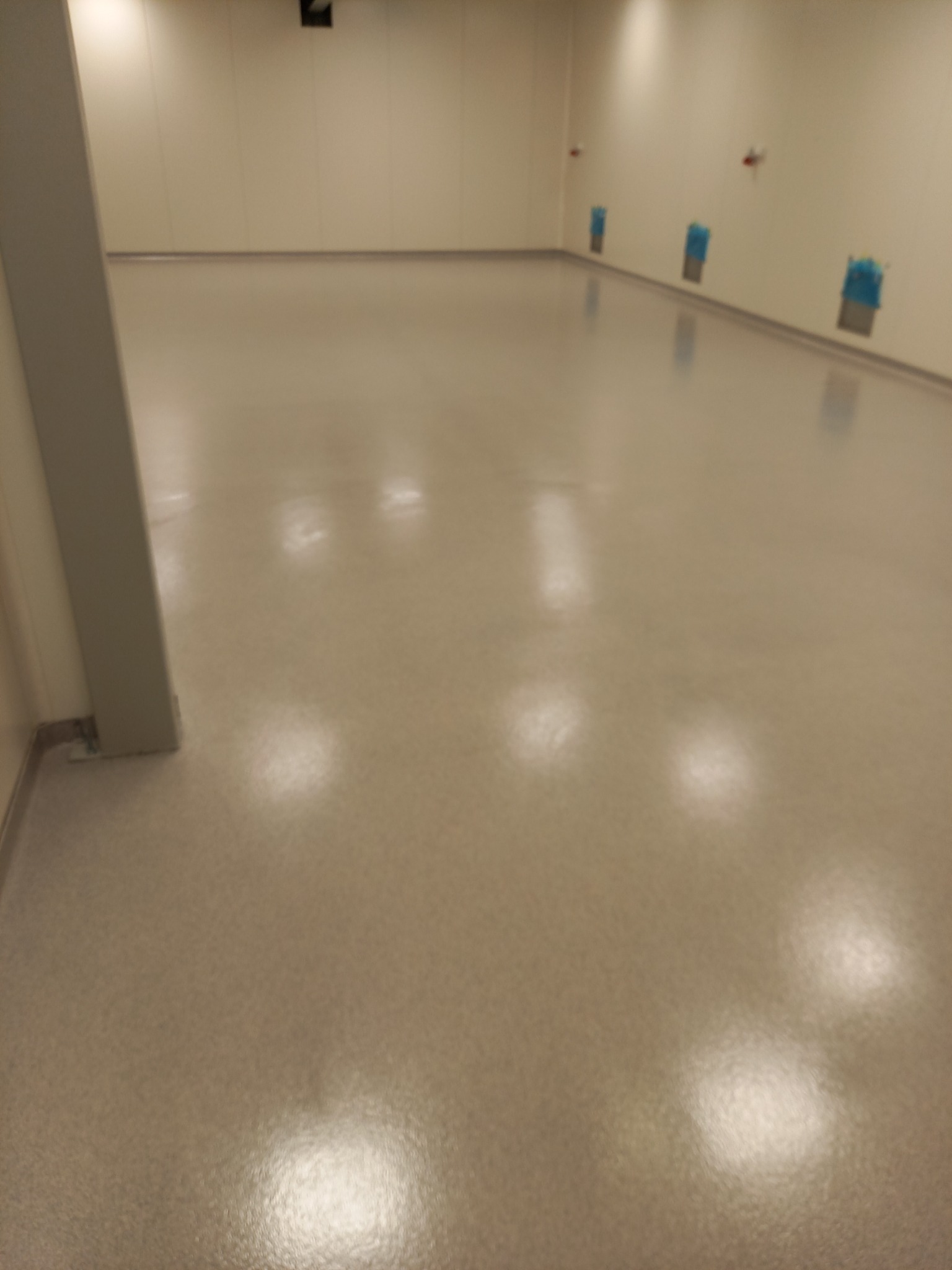 Jasna, gładka posadzka przemysłowa z cokolikiem, zabezpieczone elementy na ścianach. Widok na przestronne, puste pomieszczenie z oświetleniem sufitowym.