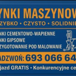 Grafika reklamowa: Tynki maszynowe - szybko, czysto, solidnie. Oferta obejmuje tynki cementowo-wapienne, gipsowe i przygotowanie pod malowanie. Kontakt: 693 066 644.