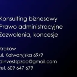 Grafika firmy D Invest z Krakowa, oferującej konsulting biznesowy, prawo administracyjne oraz pomoc w uzyskaniu zezwoleń i koncesji. Niebieskie tło z białymi elementami graficznymi.