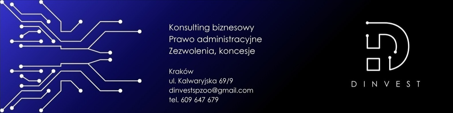 Grafika firmy D Invest z Krakowa, oferującej konsulting biznesowy, prawo administracyjne oraz pomoc w uzyskaniu zezwoleń i koncesji. Niebieskie tło z białymi elementami graficznymi.