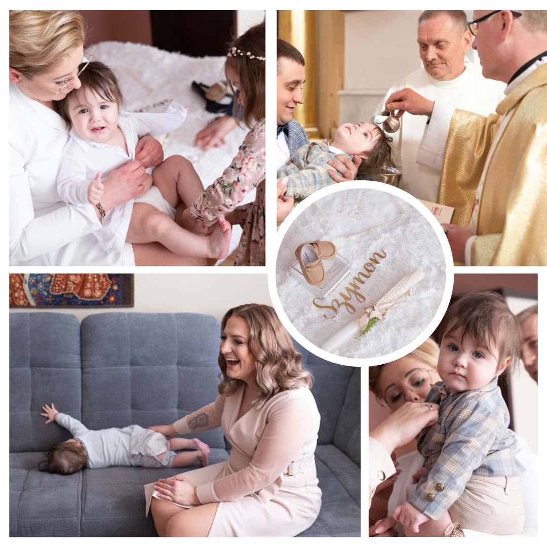 Kolaż z reportażu chrztu: przygotowania, uroczystość w kościele, ujęcia rodzinne z uśmiechniętą mamą i dzieckiem na kanapie. Urocze detale: świeca, buciki.