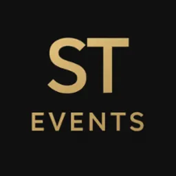 Elegancki, złoty logotyp 'ST EVENTS' na czarnym tle. Minimalistyczny design, wyraźny font.