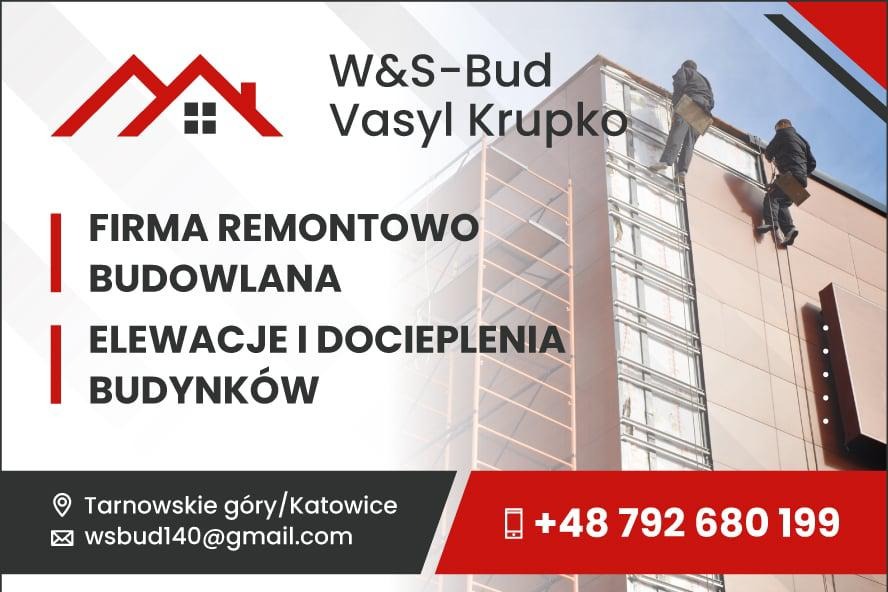 Elewacja budynku w trakcie prac dociepleniowych z rusztowaniem, dwóch pracowników na wysokościach. Logo firmy W&S-Bud, dane kontaktowe.