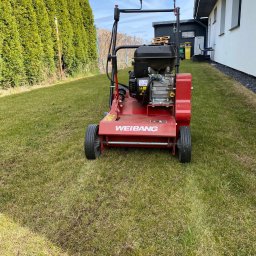 Filitrim - Czerwony wertykulator Weibang na trawniku z widocznymi śladami po zabiegu, w tle żywopłot z tui i budynek. Sprzęt ogrodniczy do pielęgnacji trawy.