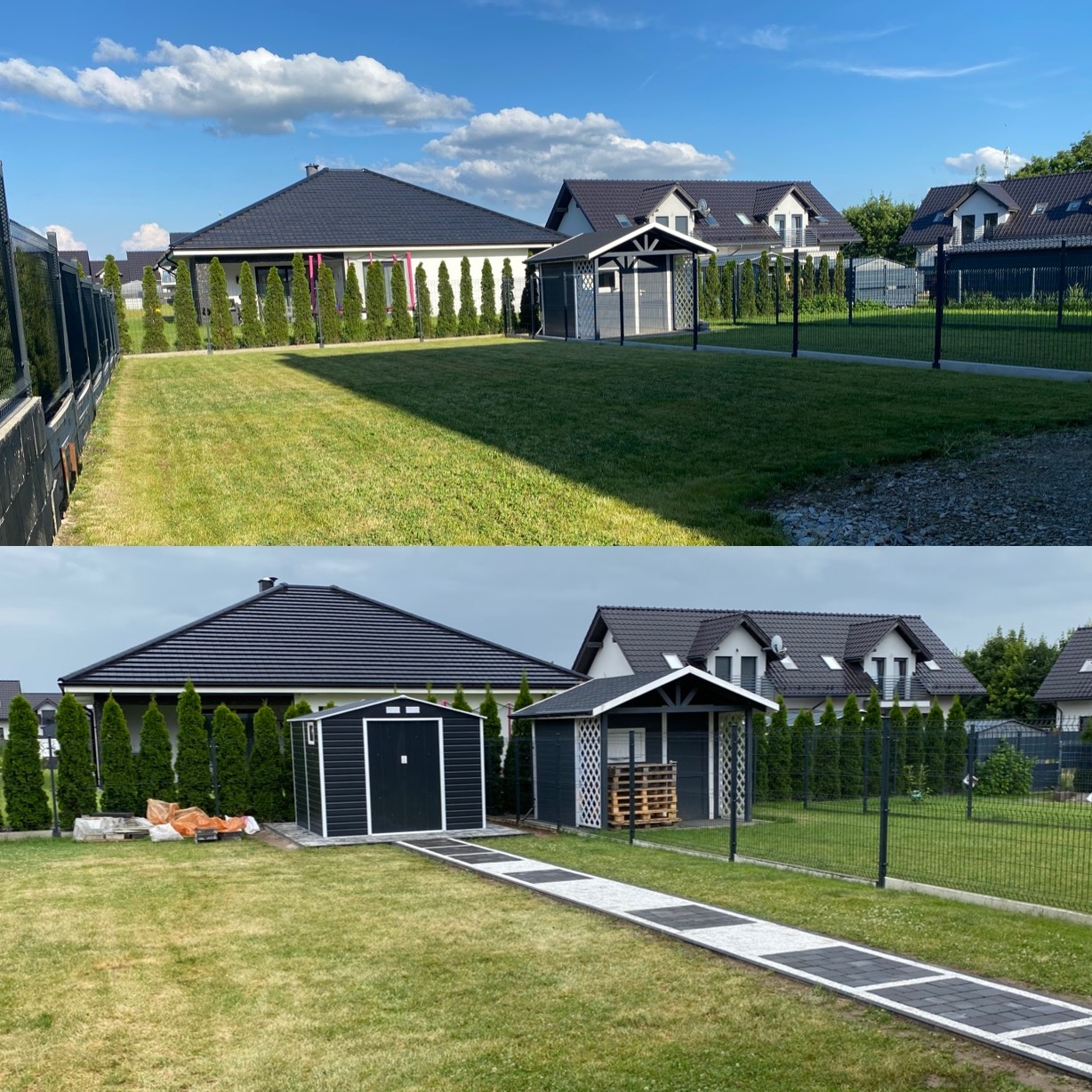 Zdjęcie 'przed i po' ogrodu: trawnik przed i po postawieniu dwóch altan, wyłożeniu ścieżki z kostki. W tle domy jednorodzinne i tuje.