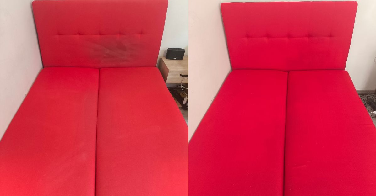 Czerwone łóżko tapicerowane przed i po czyszczeniu. Widoczne plamy na zagłówku i materacu przed zabiegiem, a po - czysta, intensywna czerwień. Efekt prania.