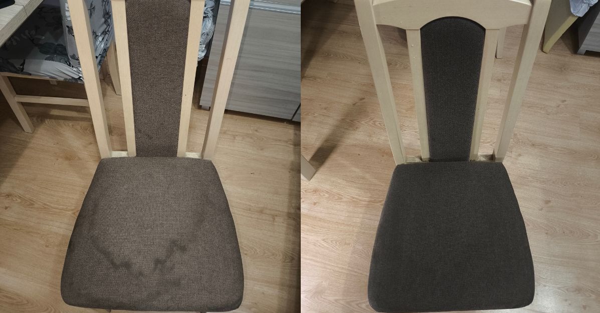 Krzesło tapicerowane przed i po czyszczeniu. Po lewej widoczne plamy, po prawej czysta tapicerka. Jasne drewniane nogi i oparcie. Ujęcie z góry.