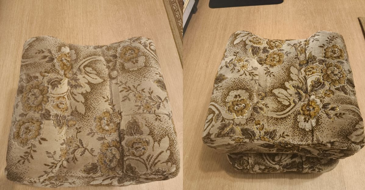 Dwa ujęcia poduszki na krzesło z wzorem kwiatowym, prezentujące jej stan przed i po czyszczeniu. Widoczne różnice w intensywności koloru i świeżości tkaniny.
