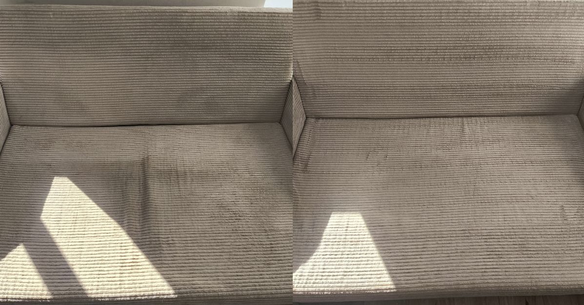 Sofa z tkaniny sztruksowej, podzielona na dwie części: lewa strona z widocznymi plamami, prawa strona po czyszczeniu, jaśniejsza i bez plam. Efekt przed i po.