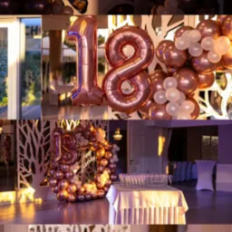 Dekoracja sali na 18 urodziny: balony w kolorze różowego złota, napis 'Happy Birthday', eleganckie nakrycie stołów. Uroczysty wystrój.