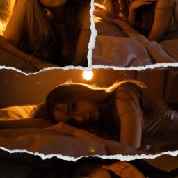 Spizoczko - Kolaż portretowy kobiety z efektem podartego papieru, w ciepłych, pomarańczowych tonacjach. Cztery różne ujęcia, zróżnicowane pozy i oświetlenie, tworzą artystyczny efekt.